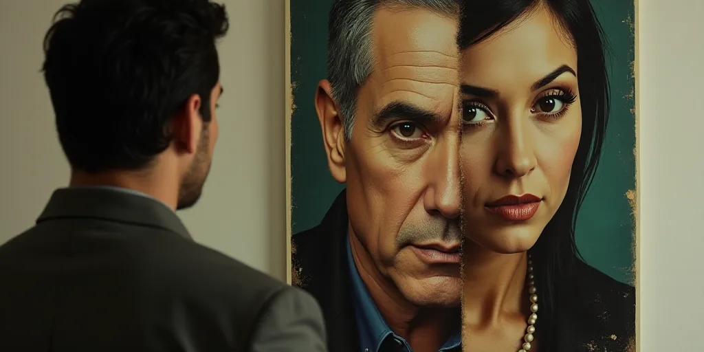 a person is looking at a poster with a picture of a man on it's face and a woman on the other side,