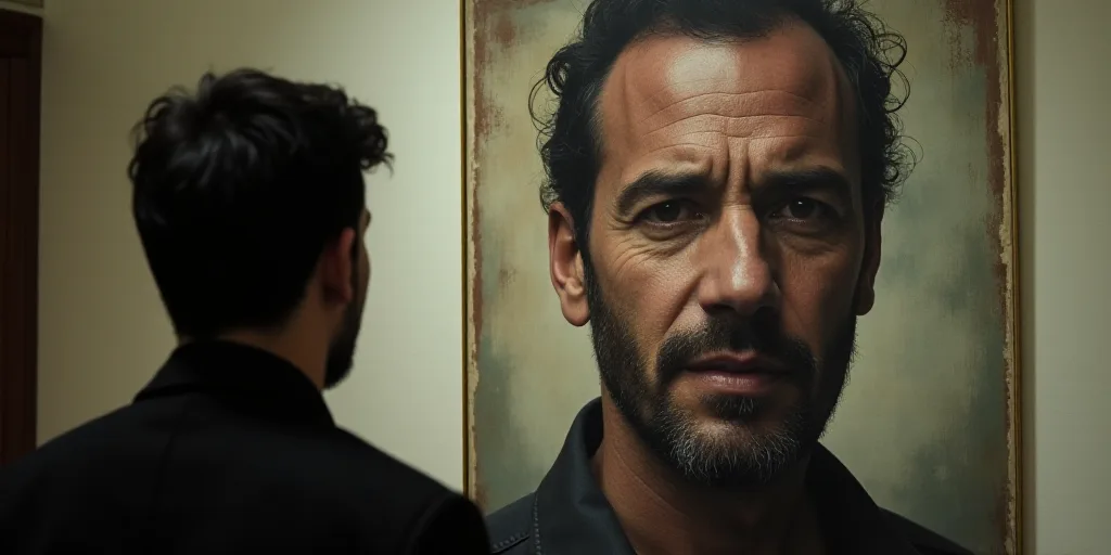 a person is looking at a poster with a picture of a man on it's face and a woman on the other side,