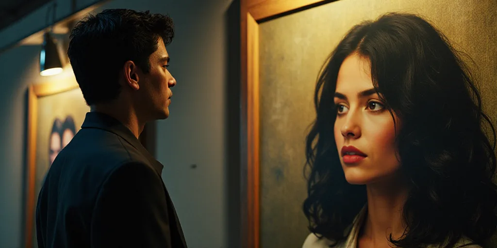 a person is looking at a poster with a picture of a man on it's face and a woman on the other side,