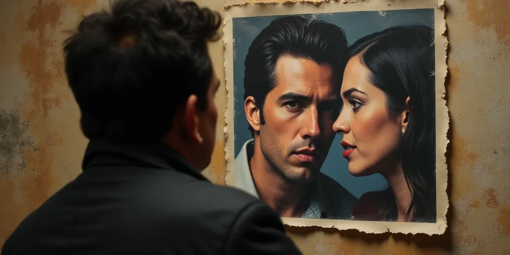 a person is looking at a poster with a picture of a man on it's face and a woman on the other side,