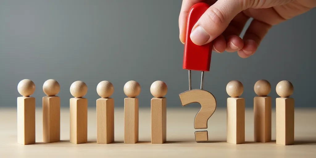 a person is putting a magnet on a group of wooden people with a magnet on top of them to spell out a