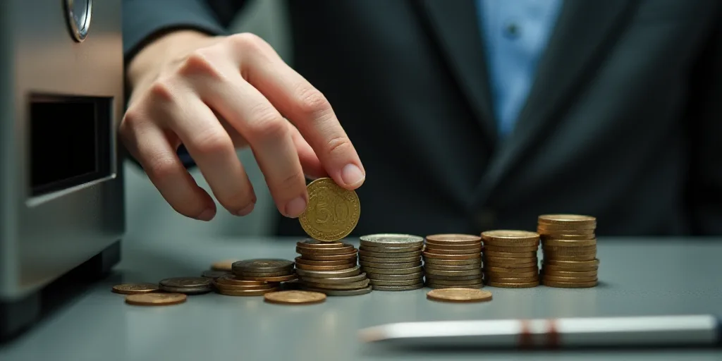 a person is putting money into a machine and a stack of coins is next to it and a stack of coins is