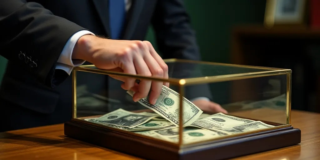 a person is putting money into a glass case with a glass top on a table with a glass top, Aquirax Un