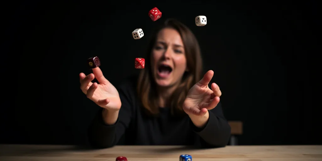 a person is throwing dices into the air with their hands on the table and a black background behind