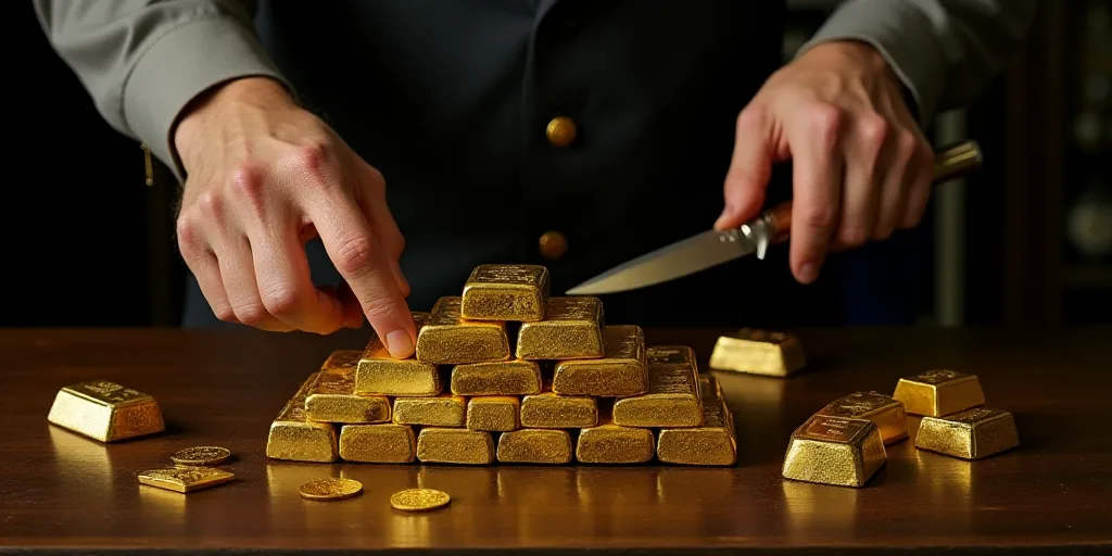 a person is touching a bunch of gold bars on a table with other gold bars on it and a person is hold