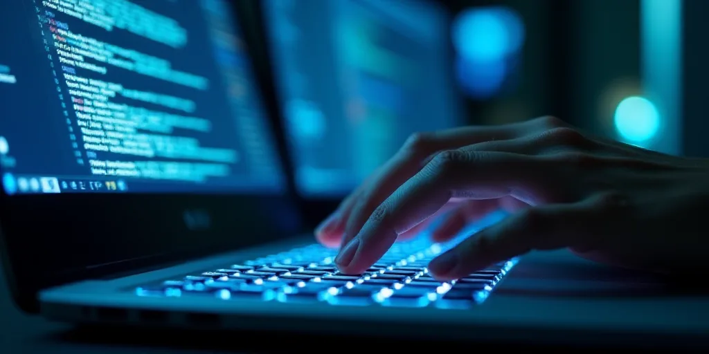 a person is typing on a keyboard with a blue light behind them and a logo behind them that says arti