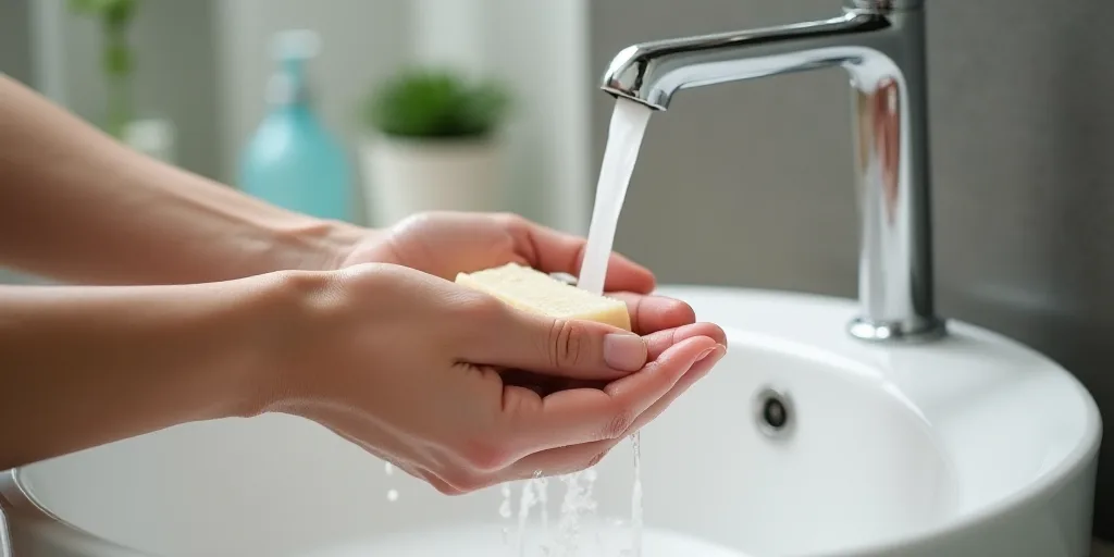 a person is washing their hands in a sink with water running from the faucet and a hand holding a so
