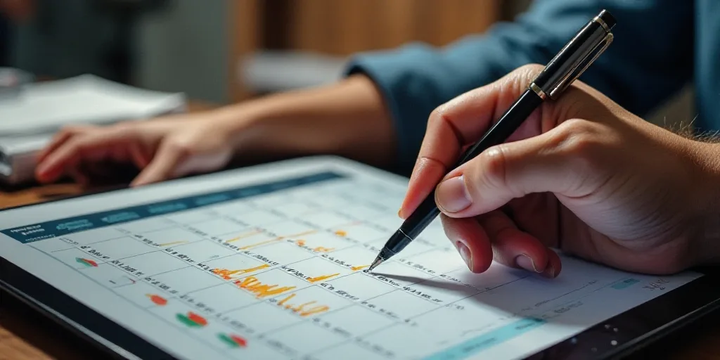 a person is writing on a calendar on a tablet computer with a pen and a marker in their hand, Edi Ra