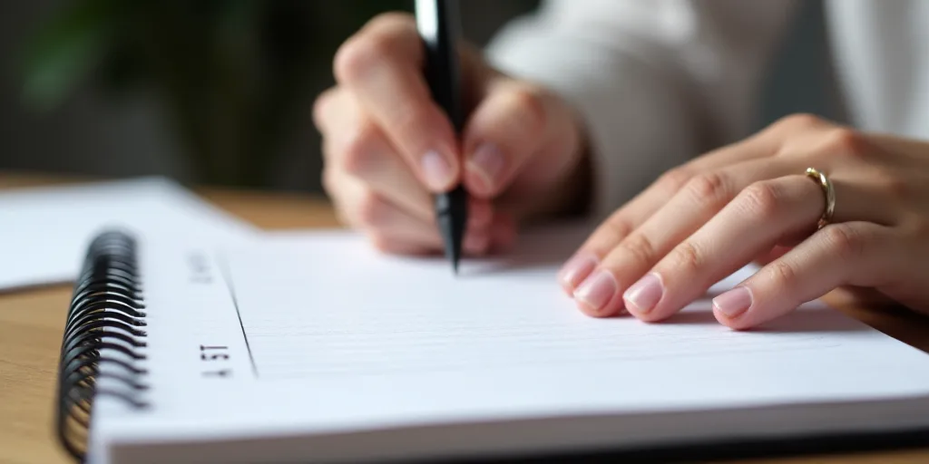 a person is writing on a notebook with a pen and a notebook pad in front of them, with a checklist o