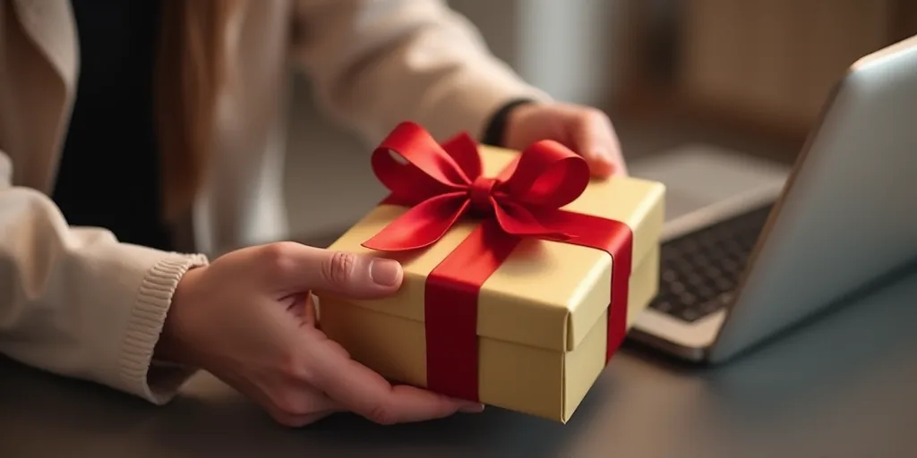 a person opening a gift box with a red bow on it while another person looks on with a laptop, Evelyn