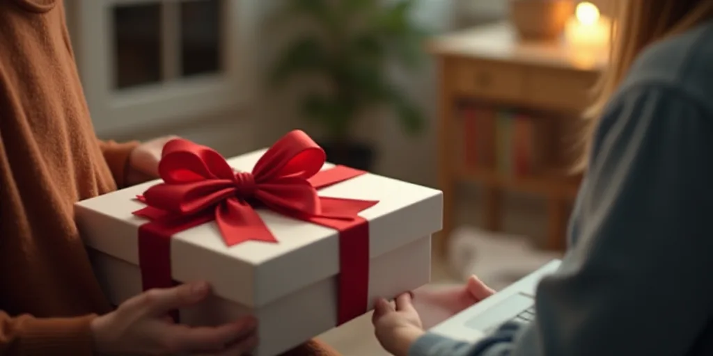 a person opening a gift box with a red bow on it while another person looks on with a laptop, Evelyn