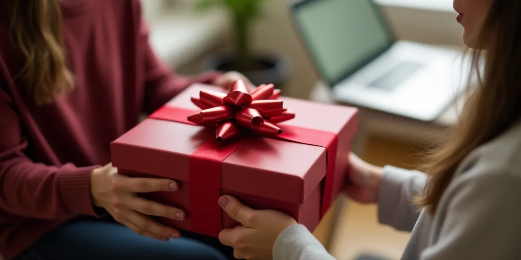 a person opening a gift box with a red bow on it while another person looks on with a laptop, Evelyn