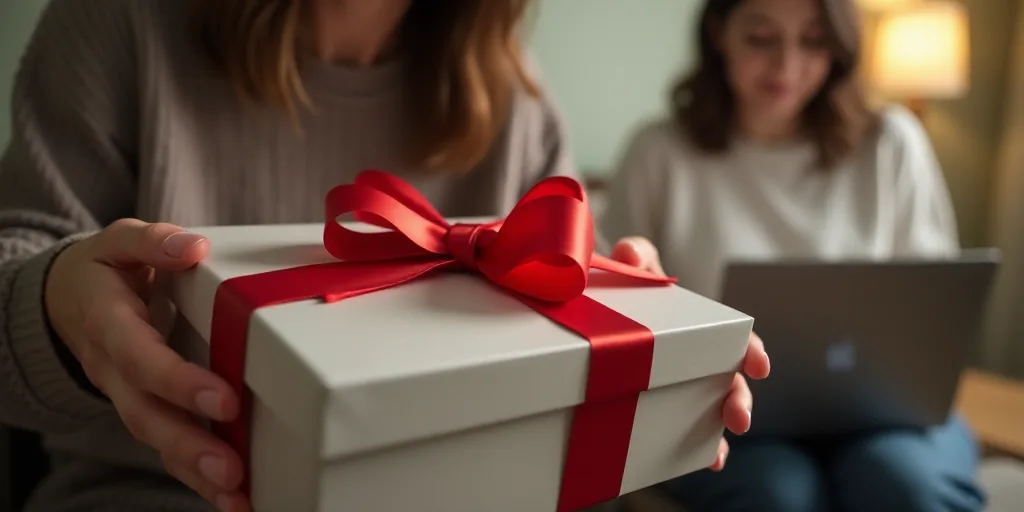 a person opening a gift box with a red bow on it while another person looks on with a laptop, Evelyn