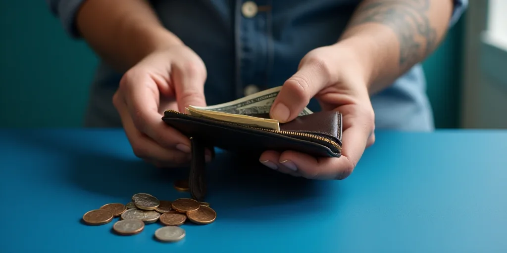 a person opening a wallet with a few coins in it and a wallet in front of them, on a blue surface, A