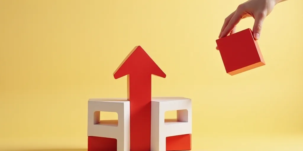 a person placing a red block on top of a building with a white arrow pointing up at it and a red blo