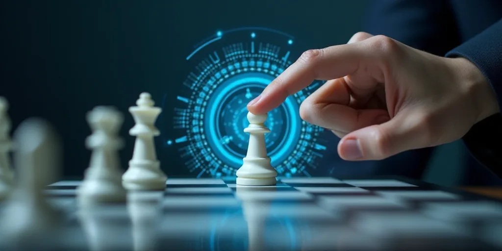 a person playing a game of chess with a white pawn and a blue circle around it with icons on it, Eve