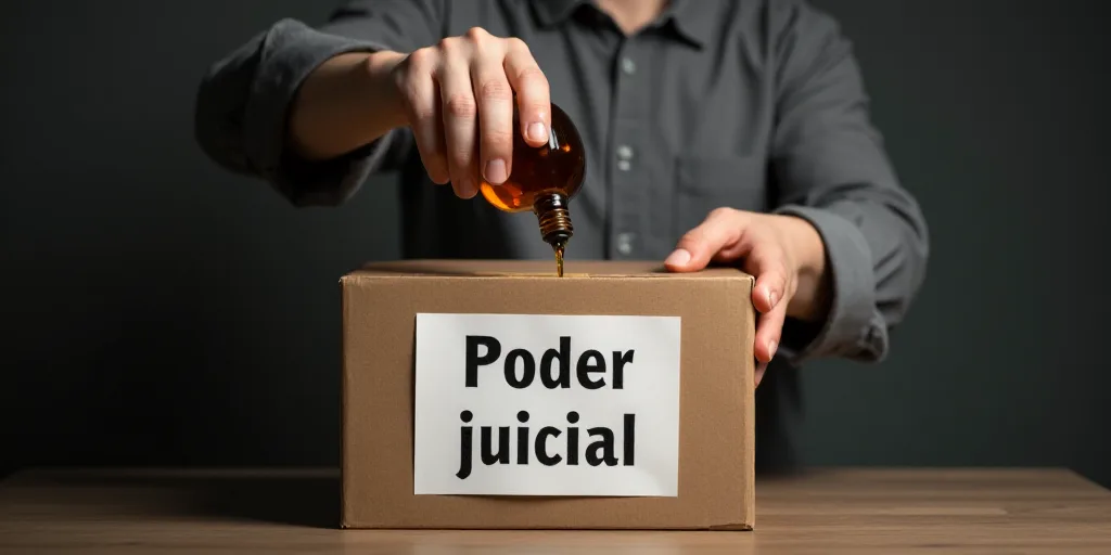 a person putting a bottle of liquid into a box with a sign on it that says poder judicial, Carles De