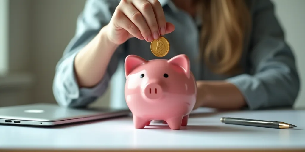 a person putting a coin into a piggy bank on a table with a laptop and a pen in front of them, Andri