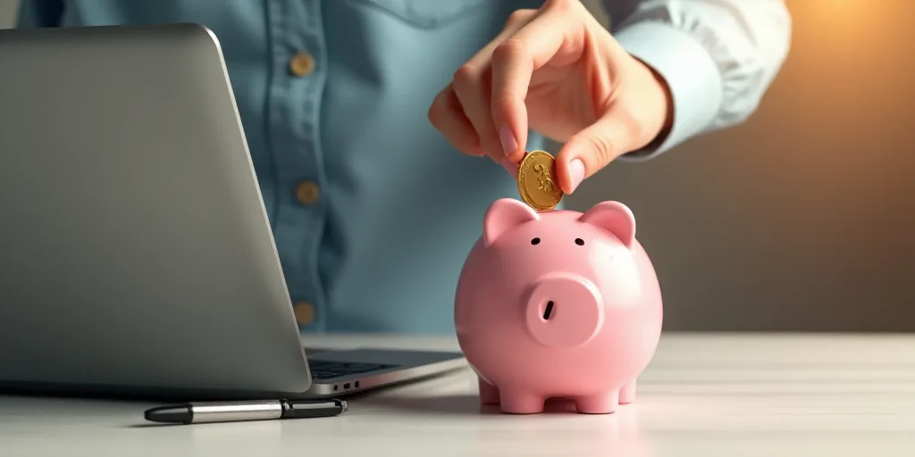 a person putting a coin into a piggy bank on a table with a laptop and a pen in front of them, Andri