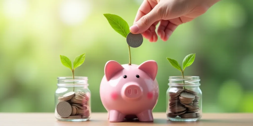 a person putting a coin into a piggy bank with a plant growing out of it and coins in the jars, Andr