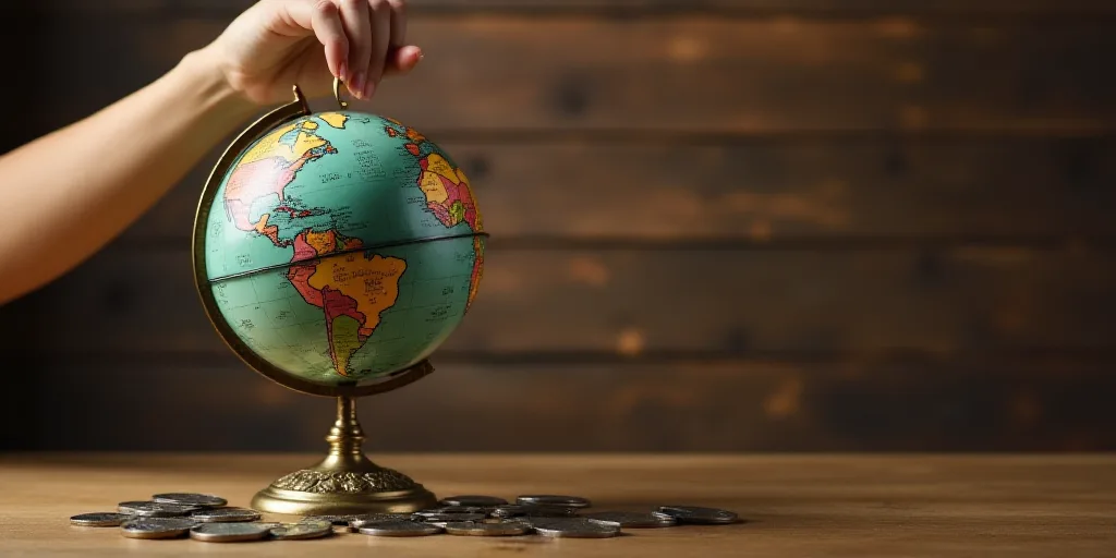 a person putting a coin into a globe on a table with coins around it and a wooden background with a