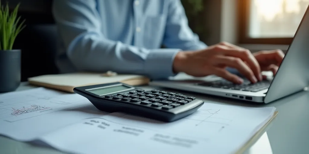 a person sitting at a desk with a calculator and a laptop computer on it, with a calculator and a no