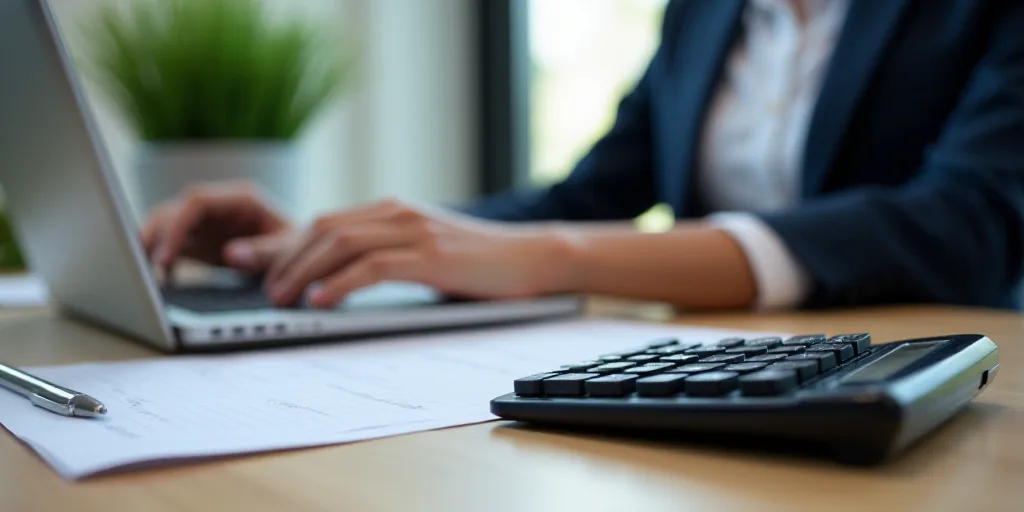 a person sitting at a desk with a calculator and a laptop computer on it, with a calculator and a no