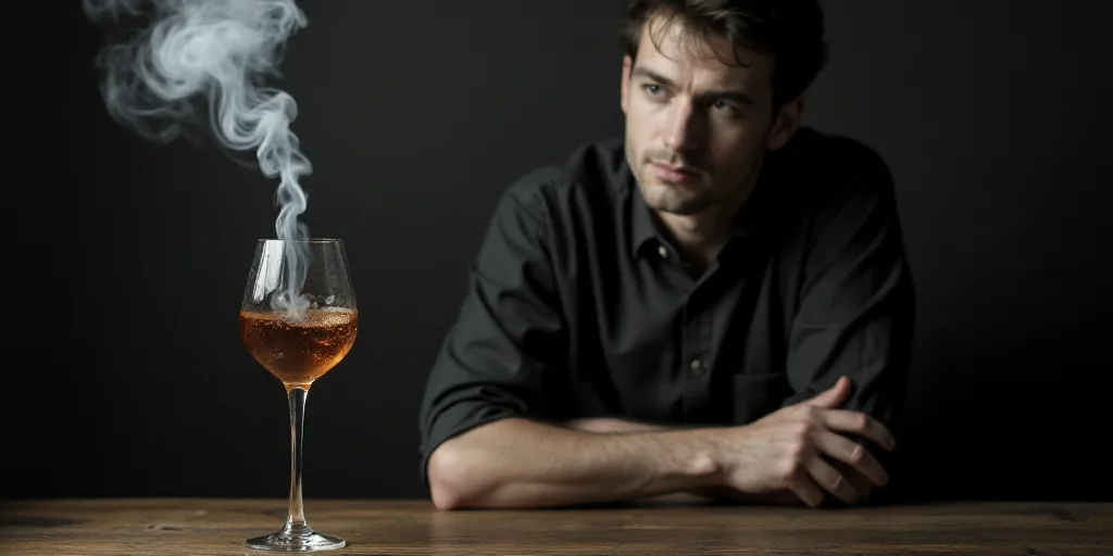 a person sitting at a table with a glass of alcohol in front of them and smoke coming out of the gla