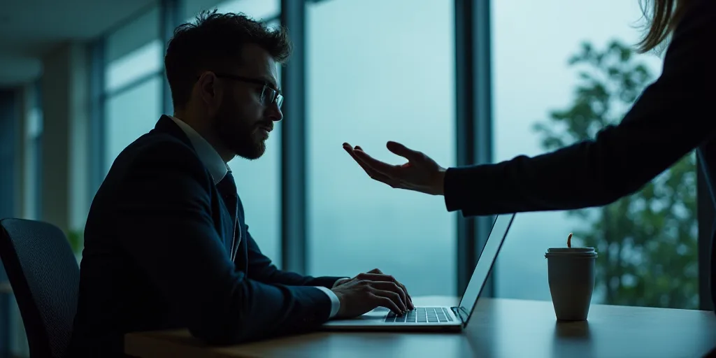 a person sitting at a table with a laptop and a person holding their hands out to the other person,