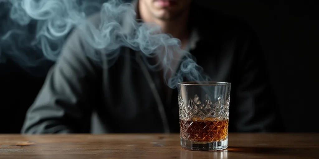 a person sitting at a table with a glass of alcohol in front of them and smoke coming out of the gla