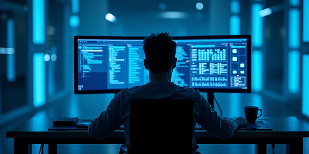 a person sitting in front of a computer monitor in a room with blue lights on the walls and a person