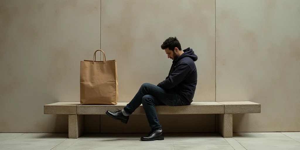 a person sitting on a bench with a bag in their lap and a bag in their lap, with a paper bag in the