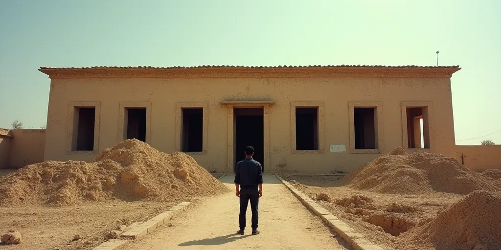 a person standing in front of a building with several windows and a lot of dirt in front of it, Engu