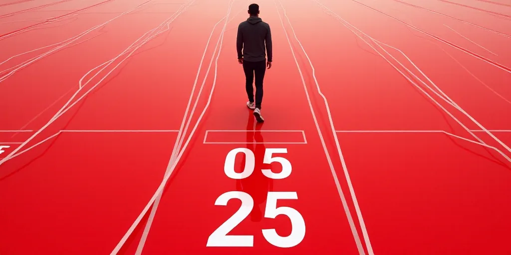 a person standing on a red running track with the numbers 205 and 205 written on it in white lines,