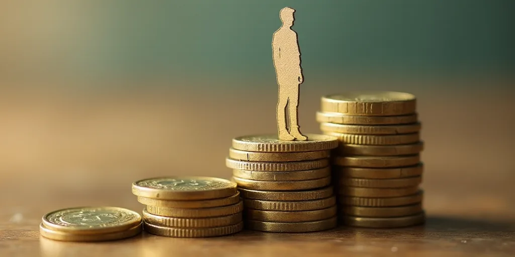 a person standing on a stack of coins with a cutout of a man standing on top of it, Andries Stock, 1