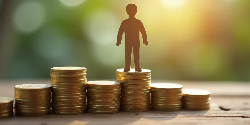 a person standing on a stack of coins with a cutout of a man standing on top of it, Andries Stock, 1