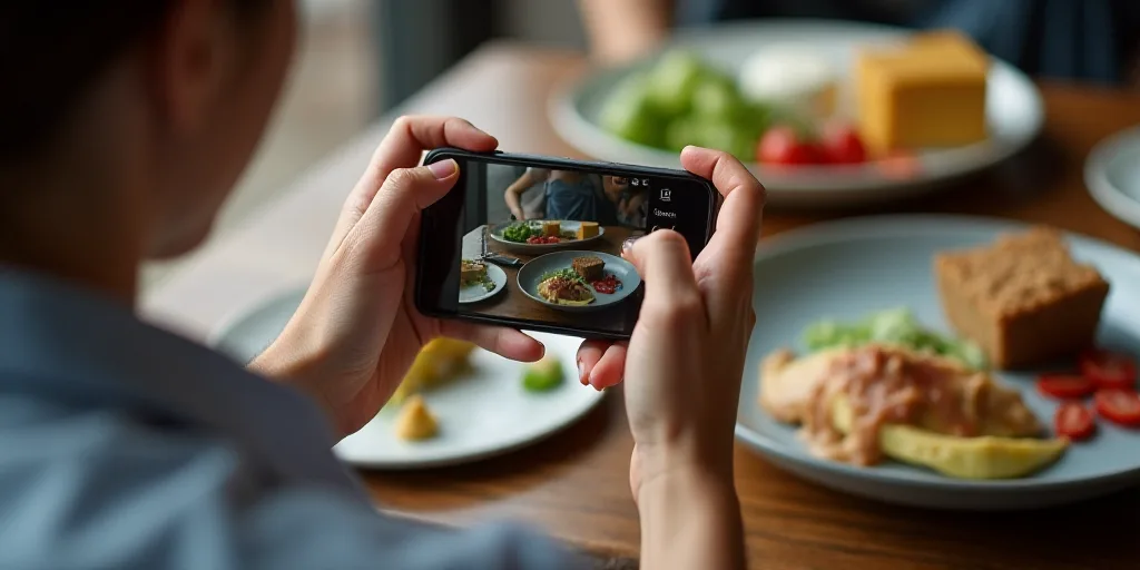 a person taking a picture of food on a table with a cell phone in their hand, with other plates of f