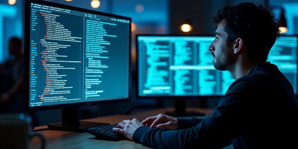 a person typing on a keyboard in front of two monitors with screens behind them that are displaying