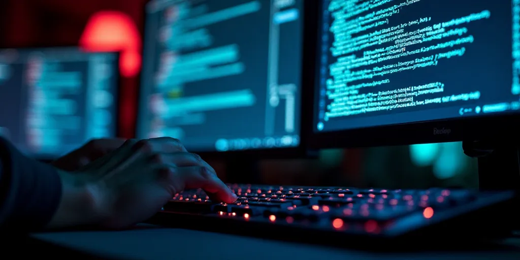 a person typing on a keyboard in front of two monitors with screens behind them that are displaying