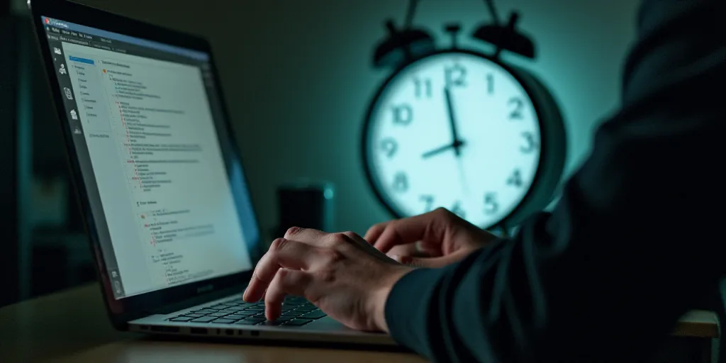 a person typing on a laptop in front of a clock with hands on it and a hand on the keyboard, Évaris