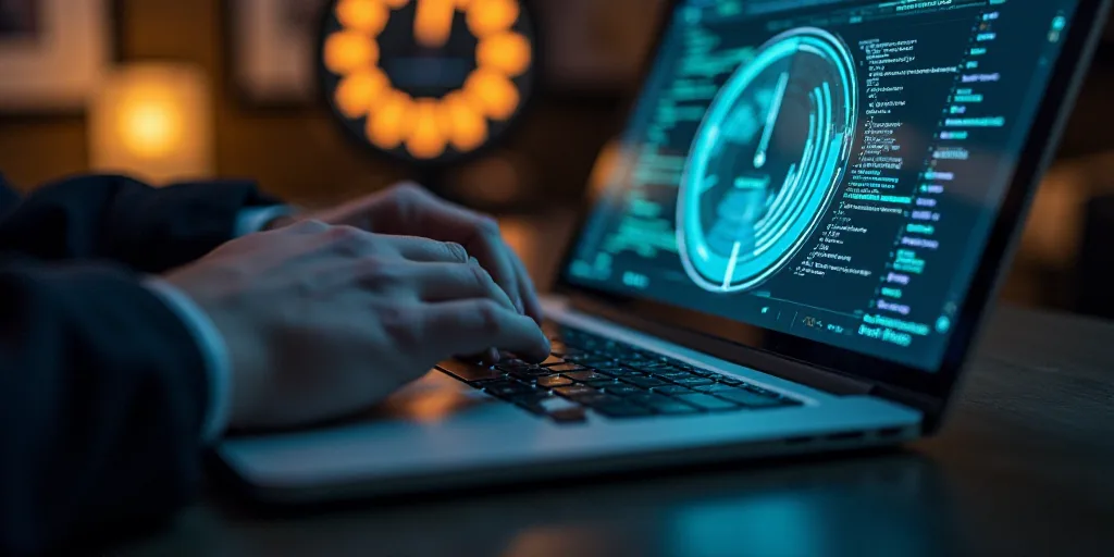 a person typing on a laptop with a clock in the background and a hand on the keyboard of the laptop,