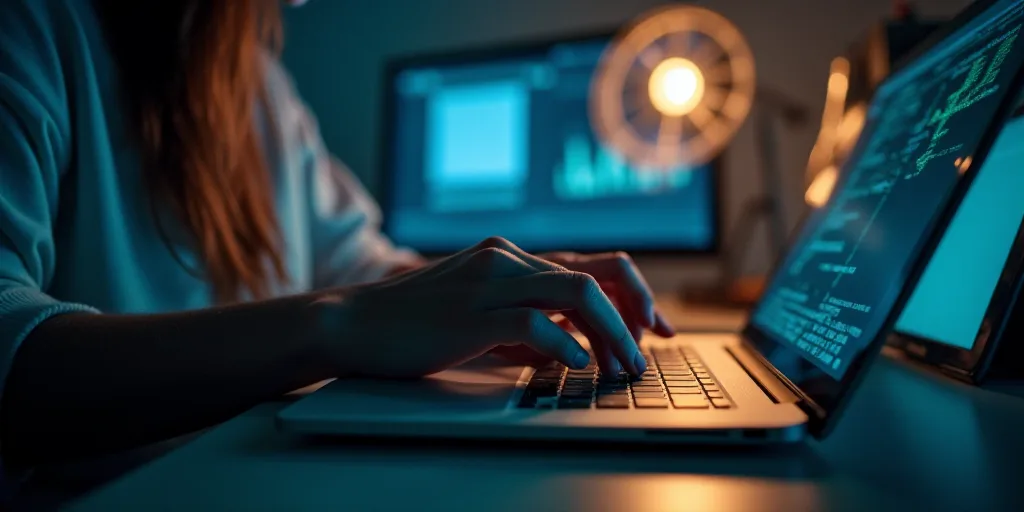 a person typing on a laptop with a clock in the background and a hand on the keyboard of the laptop,