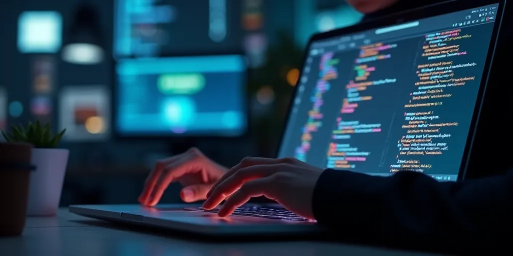 a person typing on a laptop with a screen covered in code code on it's side and a computer screen in