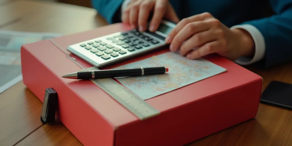 a person using a calculator on a red box with a pen and a ruler on it and a box with a calculator, B