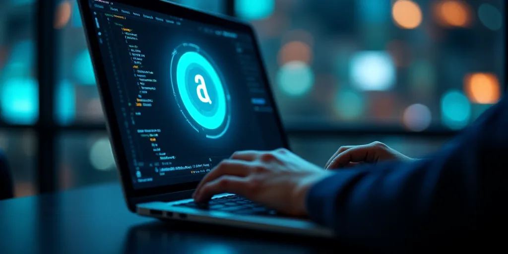 a person using a laptop with a logo on the screen and a hand touching the keyboard of the laptop, Ai