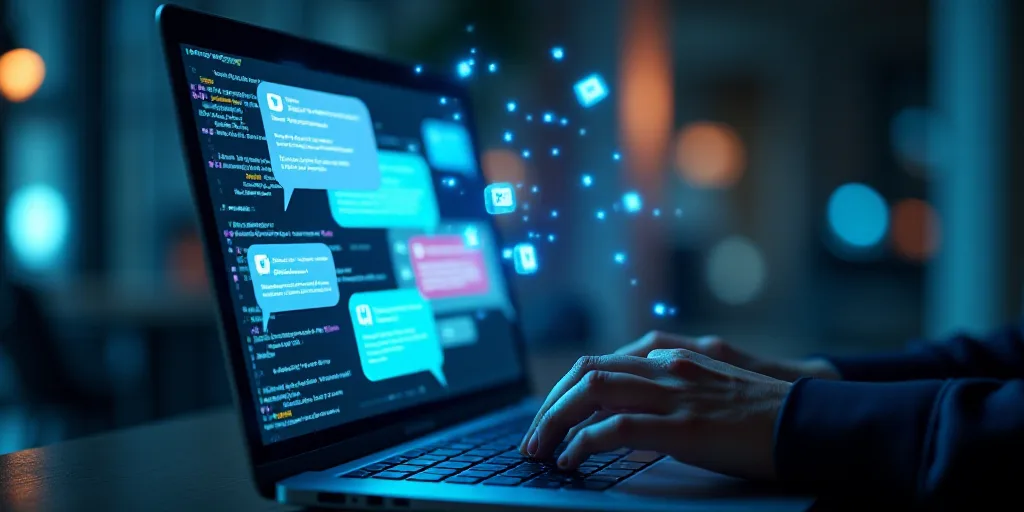 a person using a laptop with chat icons coming out of the screen and a person typing on the keyboard