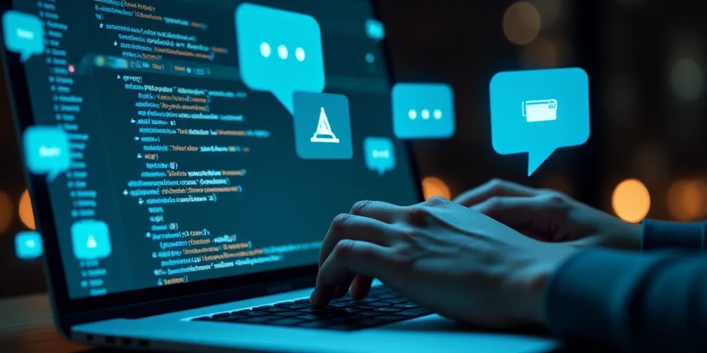 a person using a laptop with chat bubbles floating above them and a chat icon above the keyboard of