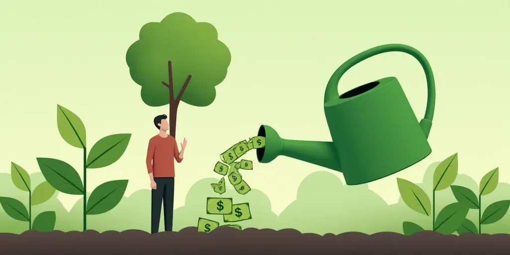 a person watering a plant with a green watering can and money coming out of it with a dollar sign on