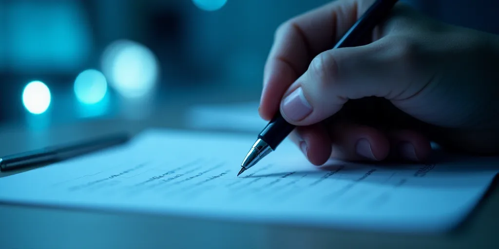 a person writing on a piece of paper with a pen in it and a blue background with a line of light, Ed