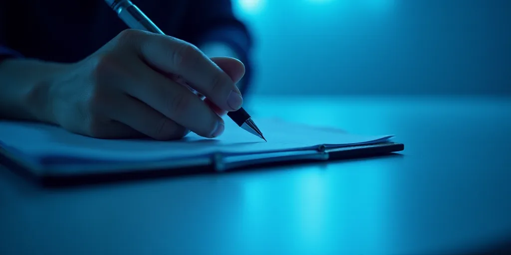 a person writing on a piece of paper with a pen in it and a blue background with a line of light, Ed